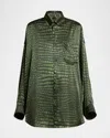 Balenciaga Crocodile Print Satin Button Down Cocoon Blouse In Green
