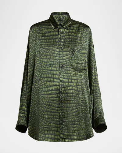BALENCIAGA CROCODILE PRINT SATIN BUTTON DOWN COCOON BLOUSE