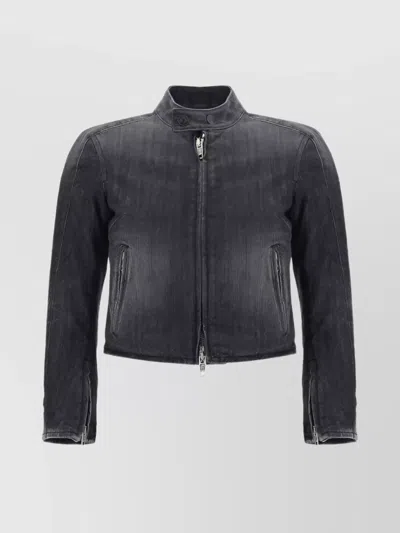 BALENCIAGA CROPPED DENIM RACER JACKET WITH HIGH COLLAR