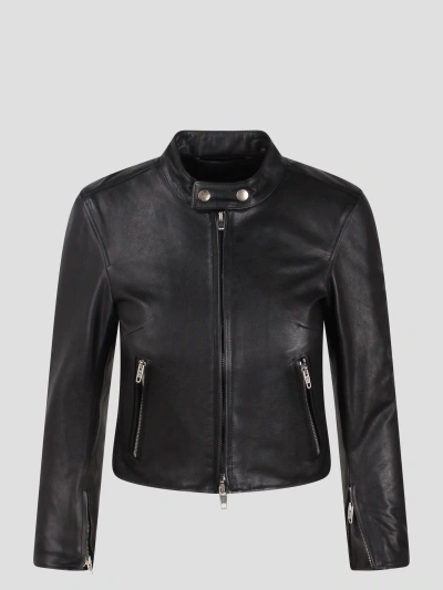 Balenciaga Cropped Leather Jacket In Black