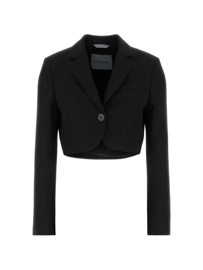 Balenciaga Wool Cropped Blazer Jacket Button Cuffs In Black