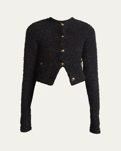 Balenciaga Cropped Tweed Knit Cardigan With Logo Buttons In Black