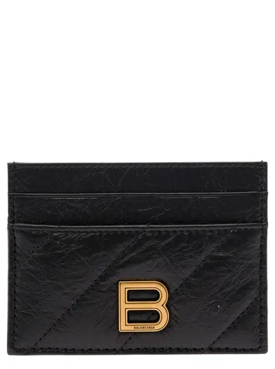 Balenciaga 'crush' Black Card-holder With B Logo In Quilted Leather Woman