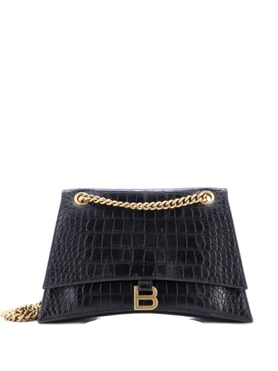 Pre-owned Balenciaga Crush Chain Flap Bag Leather Medium Shoulder Bag In Black