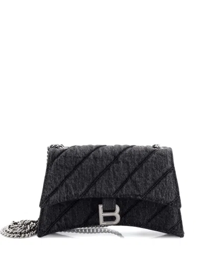 Pre-owned Balenciaga Crush Chain Flap Bag Quilted Denim Small Shoulder Bag In Black