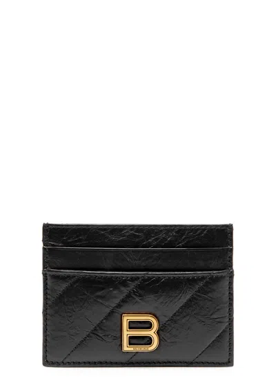 Balenciaga Crush Crinkled Leather Card Holder In Black