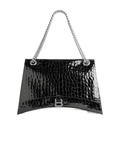 Balenciaga Crush Large Crocodile Embossed Chain Shoulder Bag In Black