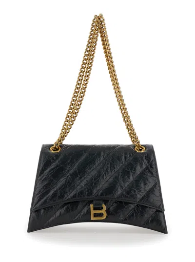 BALENCIAGA BALENCIAGA WOMEN 'CRUSH M' BLACK CROSSBODY BAG WITH B LOGO IN CRUSH QUILTED LEATHER WOMAN