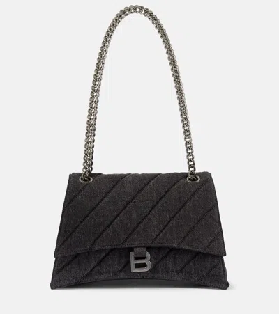 Balenciaga Crush Medium Denim Shoulder Bag In Black