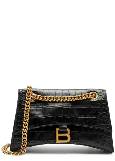 Balenciaga Crush Small Crocodile-effect Leather Shoulder Bag In Black