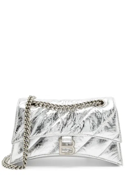 Balenciaga Crush Small Quilted Metallic Leather Shoulder Bag In Silver