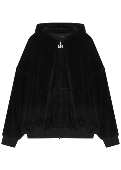 Balenciaga Crystal-embellished Hooded Velour Sweatshirt In Black