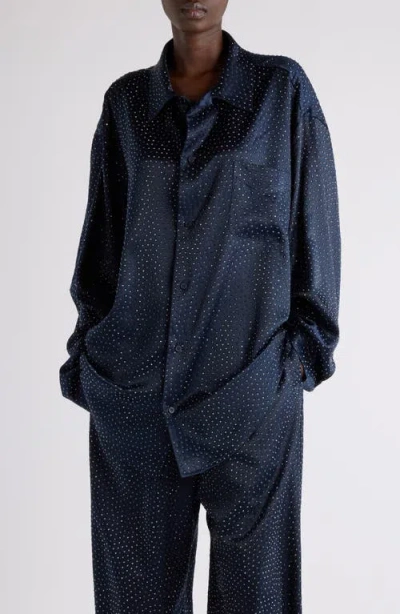 Balenciaga Crystal Embellished Oversize Satin Button-up Shirt In 4100 Dark Navy