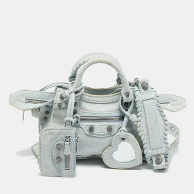 Pre-owned Balenciaga Crystals Neo Cagole Light Blue Denim Bag