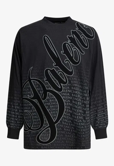 Balenciaga Cursive Logo Print Long-sleeved T-shirt In Black