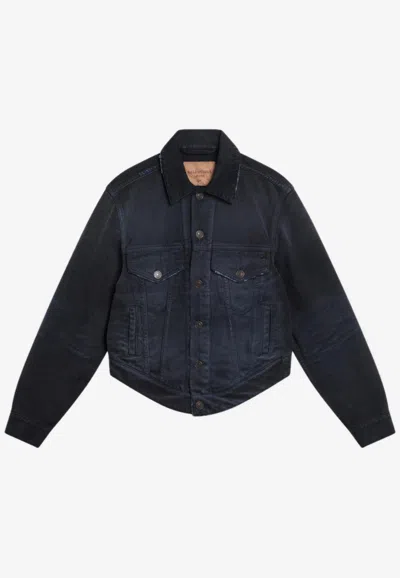 Balenciaga Curved Waist Distressed Denim Jacket In Blue