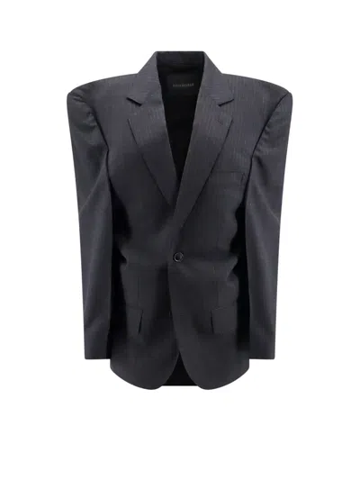 Balenciaga Cut Away Boxy Wool Blazer With Striped Motif In Grey