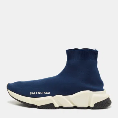 Pre-owned Balenciaga Dark Blue Knit Fabric Speed Trainer Sneakers Size 38