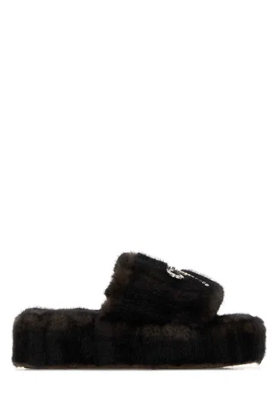 Balenciaga Dark Brown Eco Fur Slippers In Black