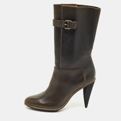 Pre-owned Balenciaga Dark Green Leather Buckle Details Mild Calf Length Boots Size 37.5