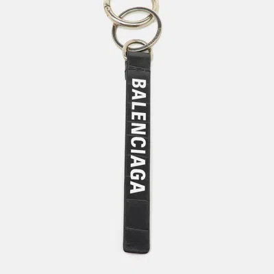 Pre-owned Balenciaga Dark Grey Crocodile Embossed Leather Logo Key Chain In Gray