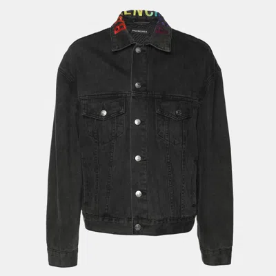 Pre-owned Balenciaga Dark Grey Denim Rainbow Logo Embroidered Jackets M