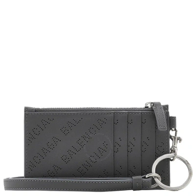 Balenciaga Dark Grey Perforated Logo Calfskin Cash Card Case On Keychain