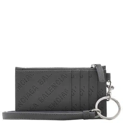 Pre-owned Balenciaga Dark Grey Perforated Logo Calfskin Cash Card Case On Keychain In Gray
