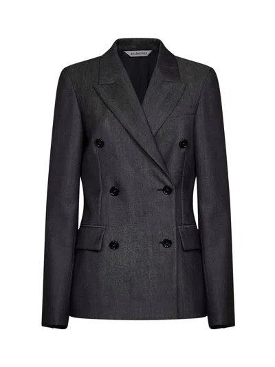 Balenciaga Dark Navy Double-breasted Tailored Jacket In Gray