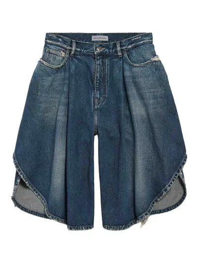 Balenciaga Dark Ocean Denim Tulip Shorts In Blue