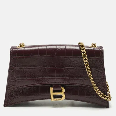Pre-owned Balenciaga Dark Red Croc Embossed Leather Xs Crush Chain Shoulder Bag