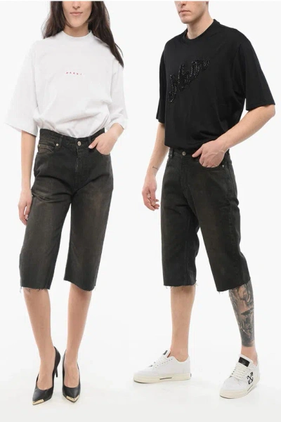 Balenciaga Dark Wash Unisex Denim Shorts With Raw-cut Hem In Black