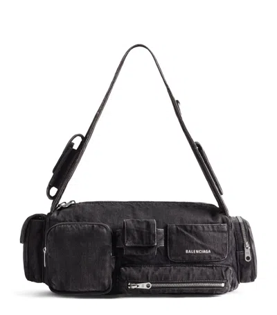 Balenciaga Demin Superbusy Sling Bag In Black