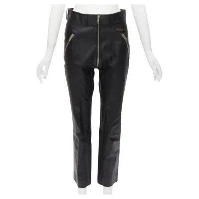 Pre-owned Balenciaga Demna 2017 Logo Patch Silver Zip Cropped Moto Leather Pants Fr40 L In Black