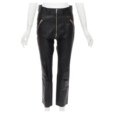 Pre-owned Balenciaga Demna 2017 Logo Patch Silver Zip Cropped Moto Leather Pants Fr40 L In Black