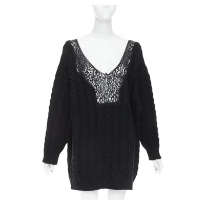 Pre-owned Balenciaga Demna 2017 Virgin Wool Cotton Lace Plunge Oversized Sweater Fr36 S In Black