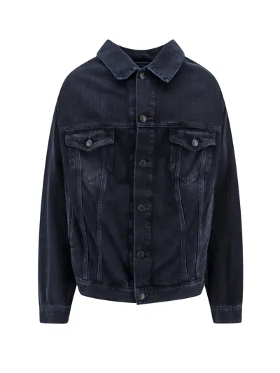 Balenciaga Denim Off Shoulder Jacket With Logoed Buttons In Black