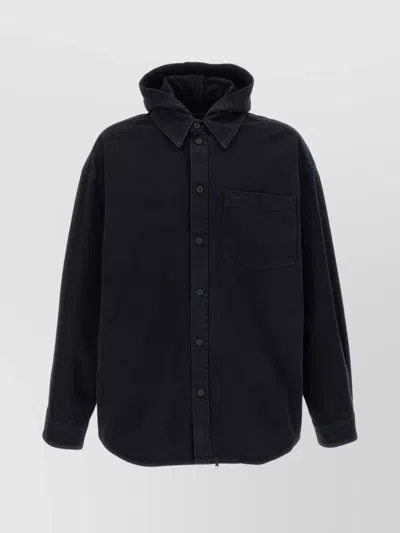 Balenciaga Denim Overshirt Hooded Chest Pocket In Black