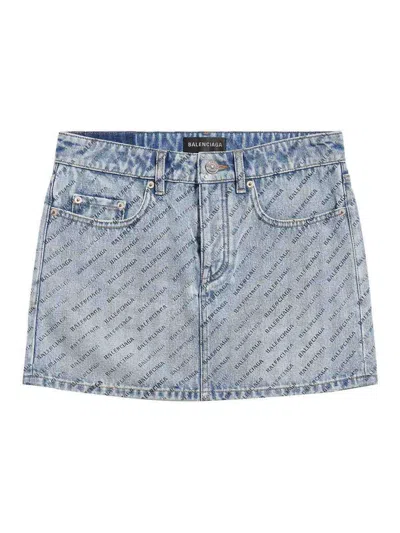 Balenciaga Denim Mini Skirt With Logos In Blue