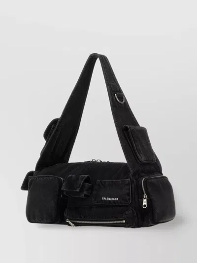 Balenciaga Denim Superbusy S Shoulder Bag In Black