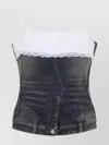 Balenciaga Denim Top With Lace Trim And Rhinestone Embellishments In Black