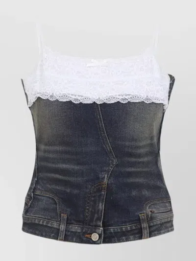 BALENCIAGA DENIM TOP WITH LACE TRIM AND RHINESTONE EMBELLISHMENTS