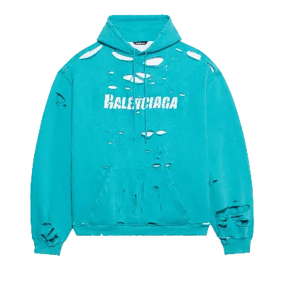 Pre-owned Balenciaga Destroyed Hoodie 'turquoise/white' In Blue