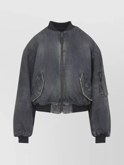 Balenciaga Distressed Bomber Jacket Long Sleeves Pockets In Blue