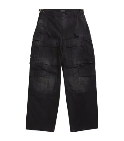Balenciaga Large Cargo Faded Cotton Trousers In Black