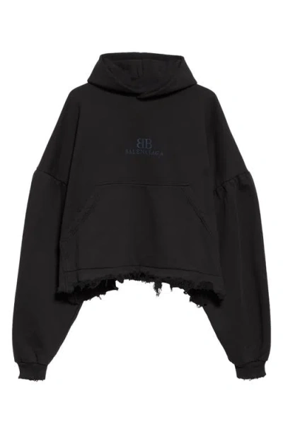 Balenciaga Distressed Cotton Hoodie In 1000 Black