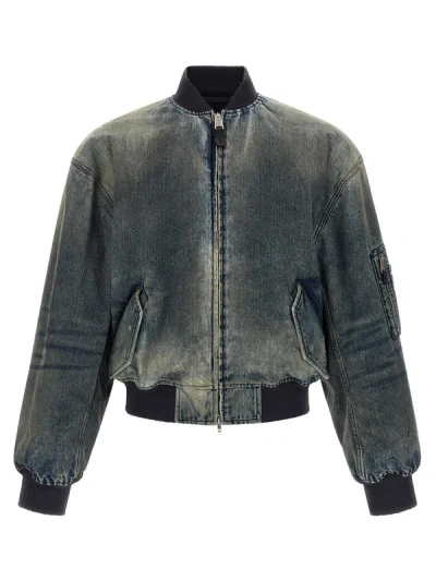 Balenciaga Distressed Denim Bomber Jacket In Blue