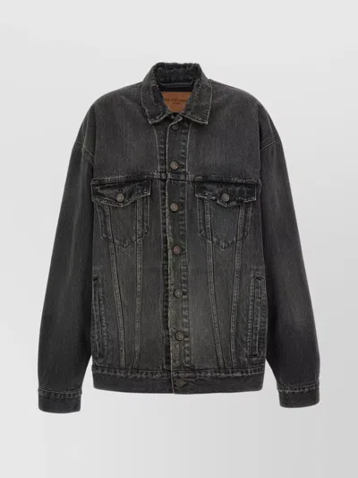 BALENCIAGA DISTRESSED DENIM JACKET WITH COLLAR AND POCKETS