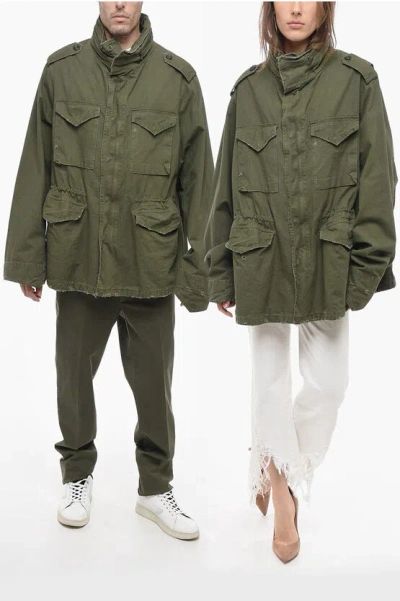 Balenciaga Distressed Detail Unisex Cotton Parka With Removable Hood In Green