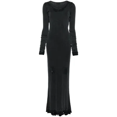 Balenciaga Distressed Lace-trim Long Sleeve Maxi Dress In Black